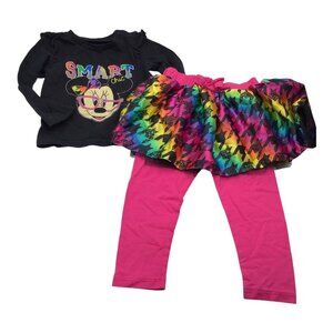 Disney Minnie Mouse Girls 2 Pc Set 24M Black Top & Rainbow Tutu Skirt Leggings